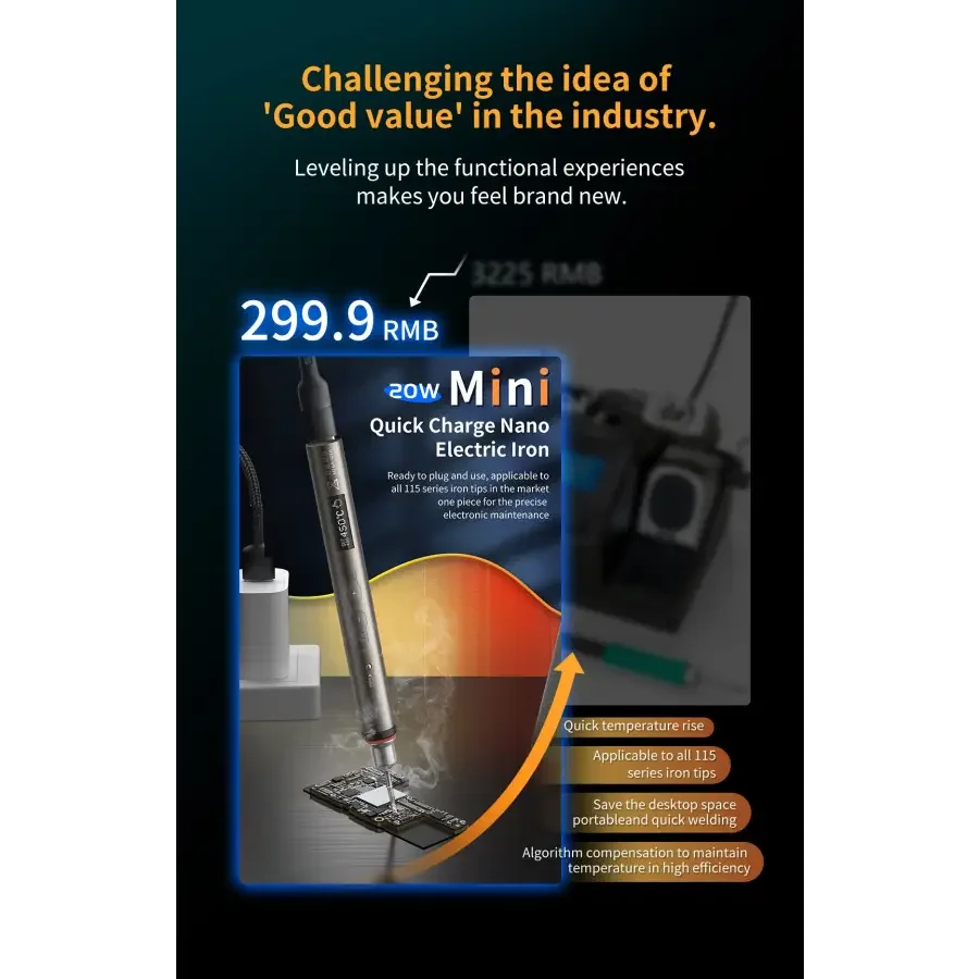 Fer à souder nano électrique à charge rapide MEGA-IDEA 20W de PHONEFIX pour la réparation de soudure de circuits imprimés, outil de soudage compact avec poignée ergonomique.