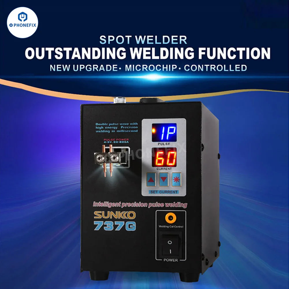 SUNKKO 737G+ dual pulse battery spot welder for PCB soldering, compact PHONEFIX branded tool with dual pulse welding capability