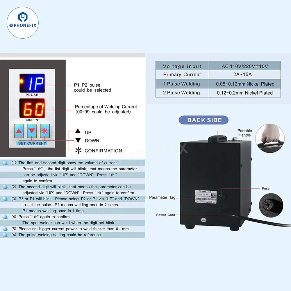 SUNKKO 737G+ dual pulse battery spot welder for PCB soldering, featuring compact design and easy handling.
