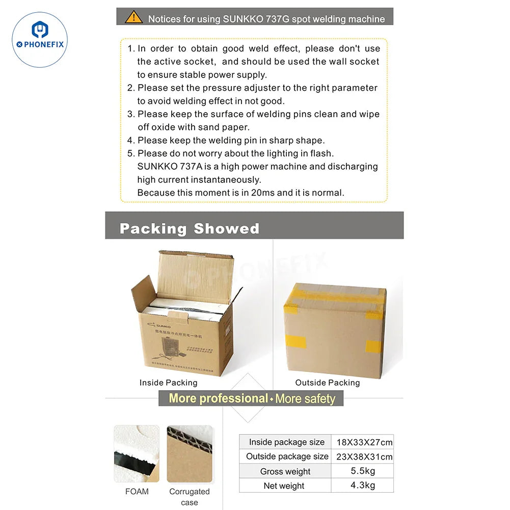 SUNKKO 737G+ dual pulse battery spot welder for PCB soldering, with compact design and dual pulse functionality.