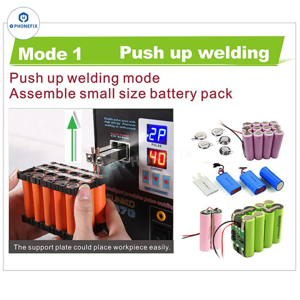 SUNKKO 737G+ dual pulse battery spot welder for PCB soldering, with compact design and control panel for precise welding.