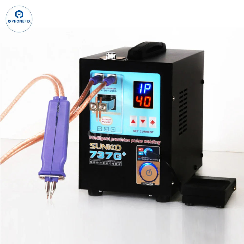SUNKKO 737G+ dual pulse battery spot welder for PCB soldering, with compact design and control panel, by PHONEFIX.