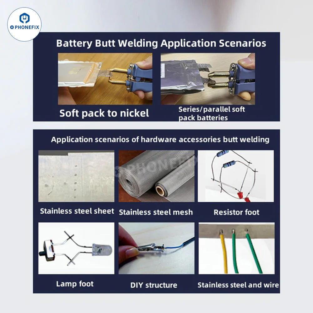 SUNKKO 737G+ dual pulse battery spot welder for PCB soldering, with control panel and welding tips, by PHONEFIX.
