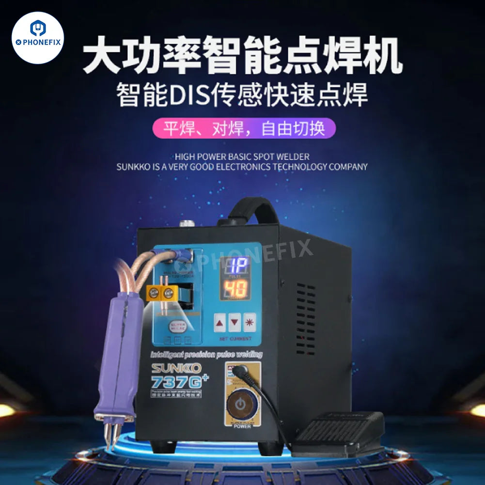 SUNKKO 737G+ dual pulse battery spot welder for PCB soldering, featuring compact design and dual pulse controls.