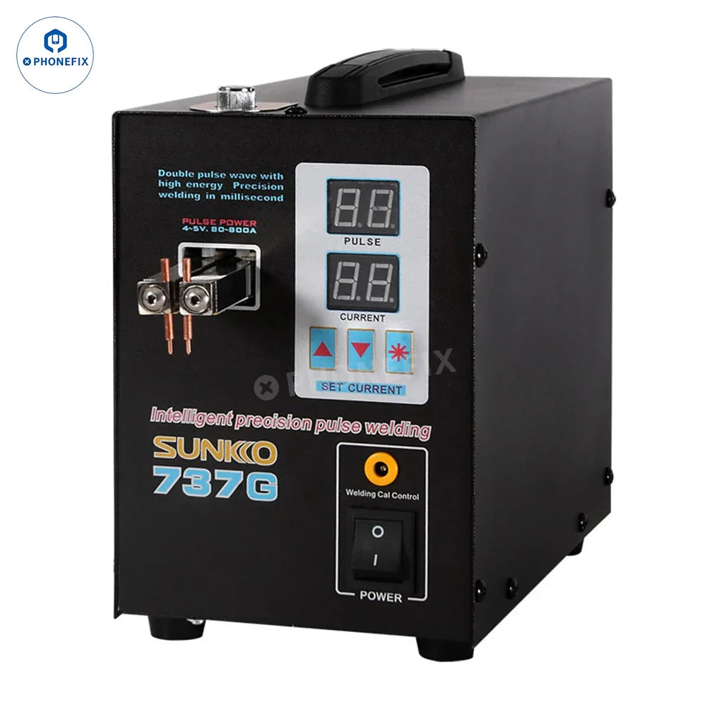 SUNKKO 737G+ dual pulse battery spot welder for PCB soldering, compact tool from PHONEFIX showing the device with control panel and cables.