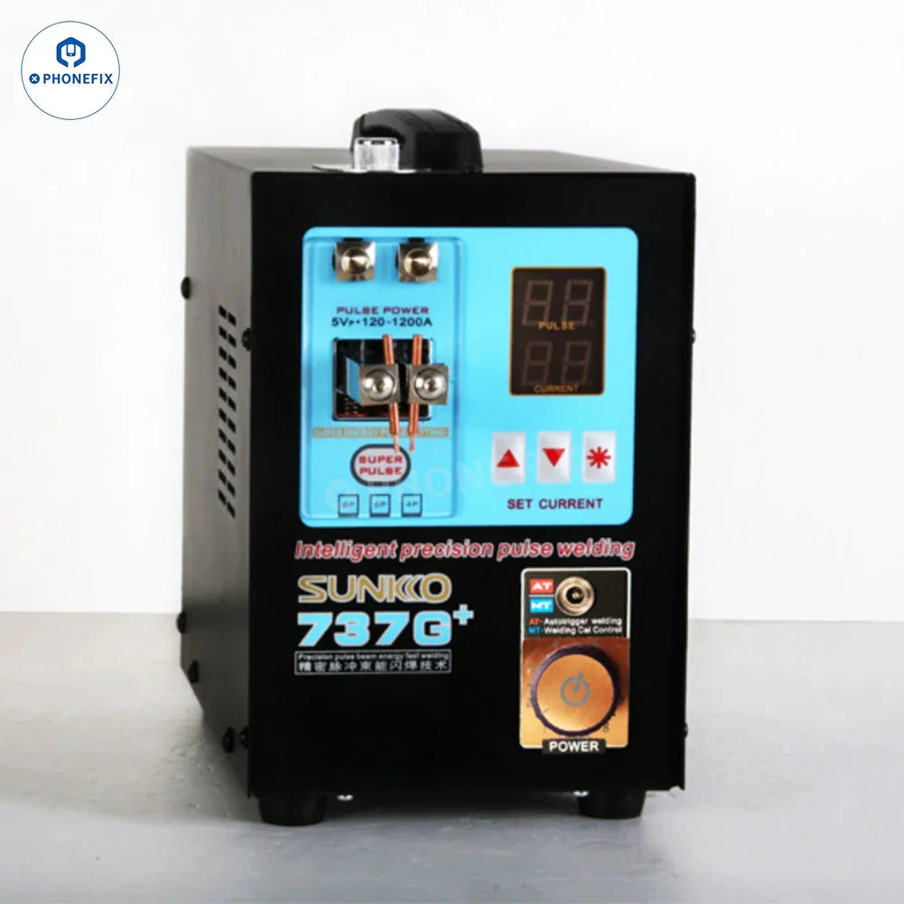 SUNKKO 737G+ dual pulse battery spot welder for PCB soldering, shown with its compact design and control panel.
