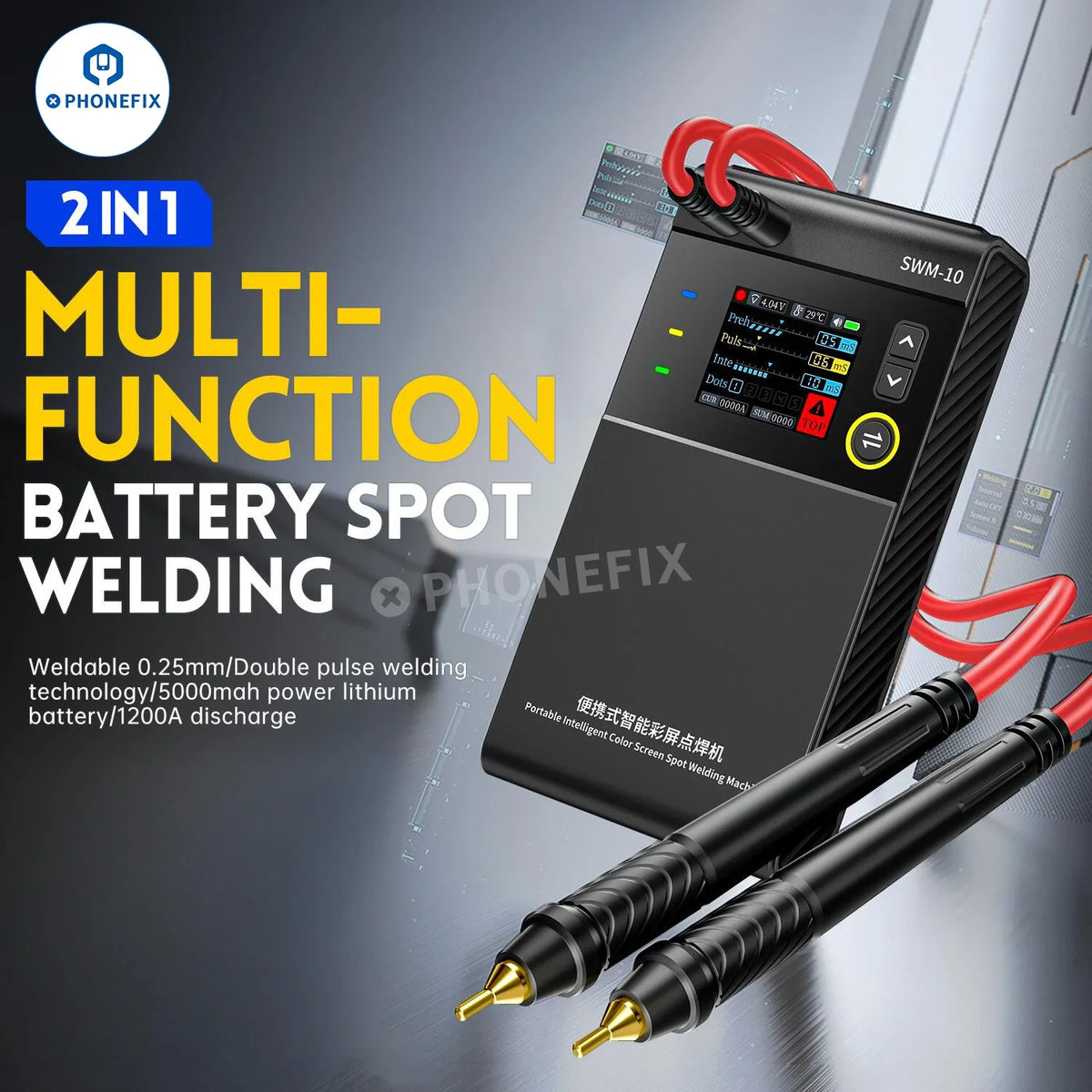 PHONEFIX SWM-10 portable double pulse adjustment battery spot welding machine for PCB soldering tools, shown in the image.