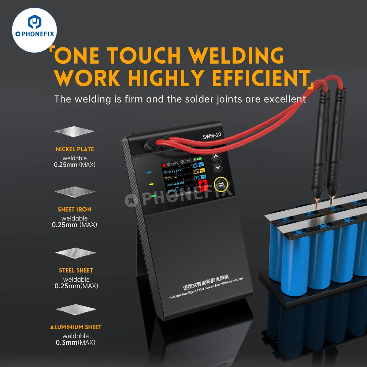 Portable SWM-10 double pulse battery spot welding machine for PCB soldering, by PHONEFIX, with control panel and welding clamps.