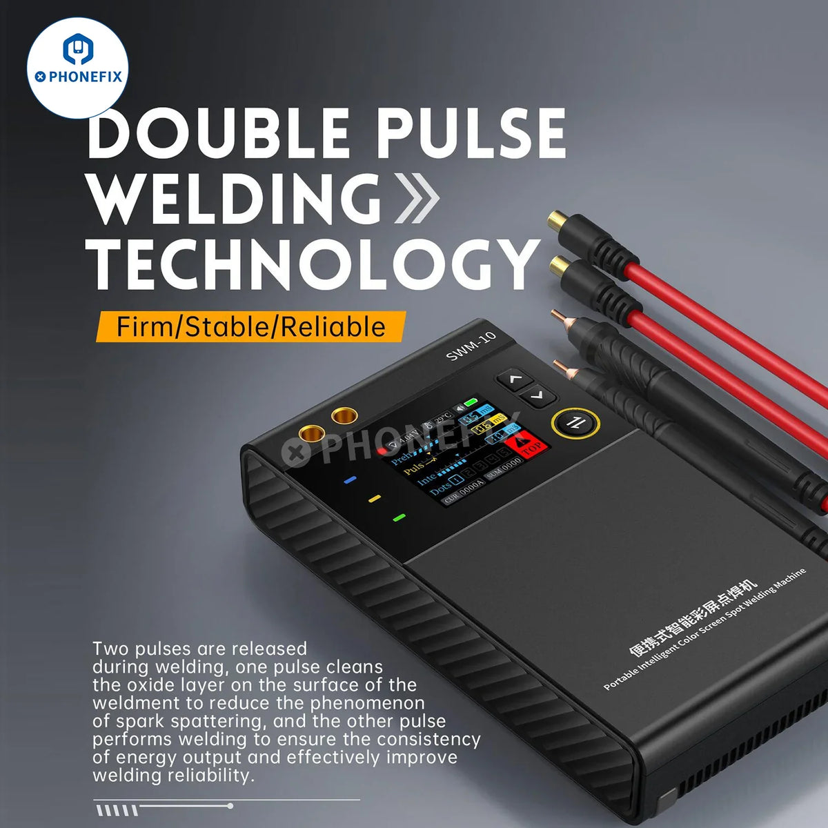 Máquina portátil de soldadura por puntos de doble pulso PhoneFix SWM-10 para soldadura de placas de circuito impreso, con panel de control y pinzas de soldadura visibles.