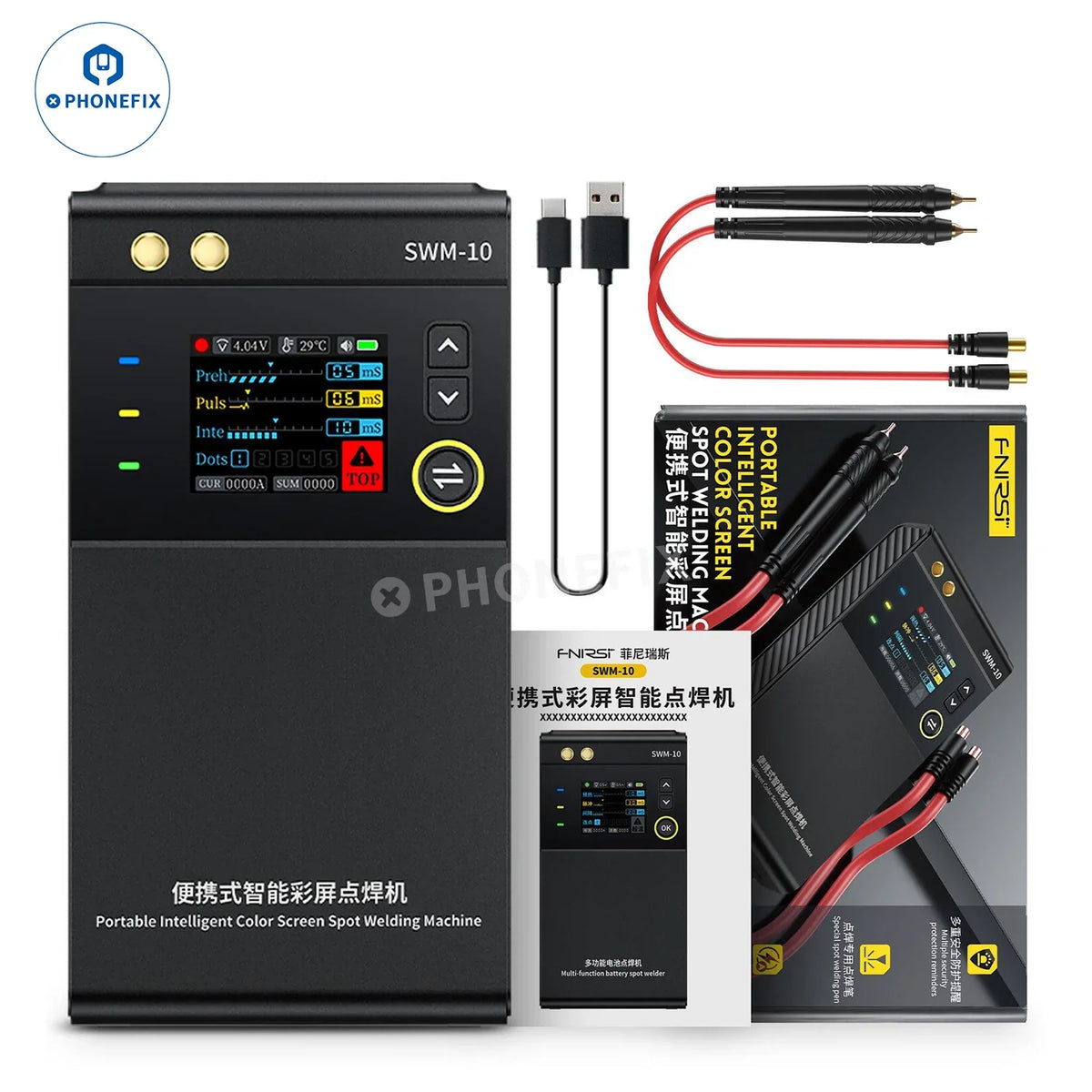 Máquina de soldadura por puntos portátil de doble pulso a batería PHONEFIX SWM-10 para soldadura de placas de circuito impreso, con ajustes regulables y diseño compacto.