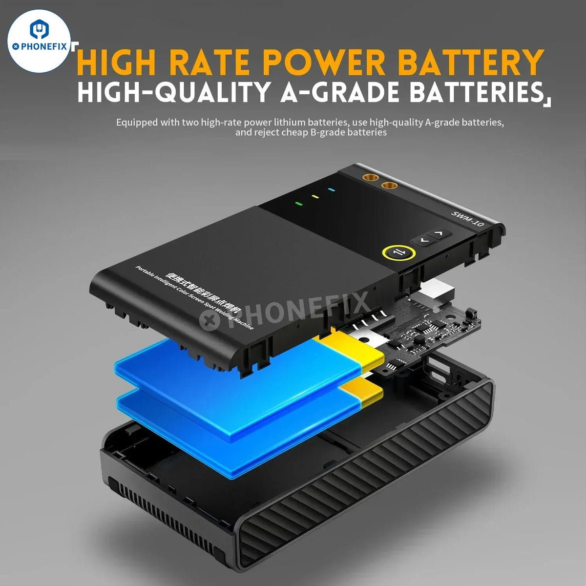 Máquina de soldadura por puntos portátil PHONEFIX SWM-10 con ajuste de doble pulso para soldadura de placas de circuito impreso, que se muestra con controles y puntas de soldadura.