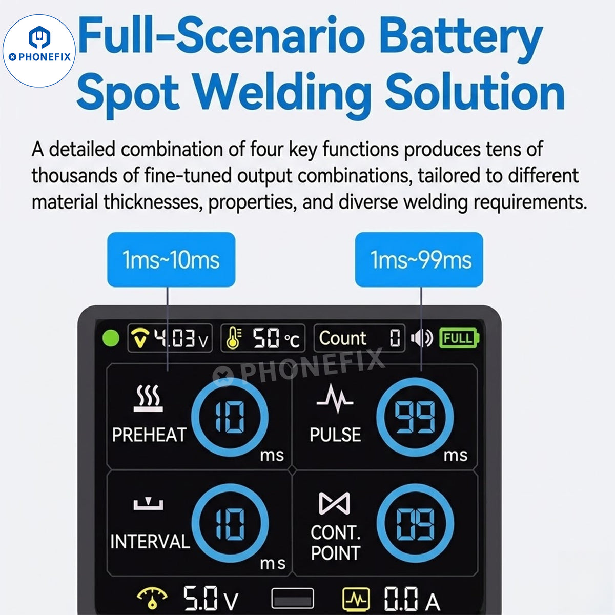 FNIRSI SWM-20 spot welding machine for DIY battery replacement, compact PCB soldering tool from PHONEFIX shown in the image.