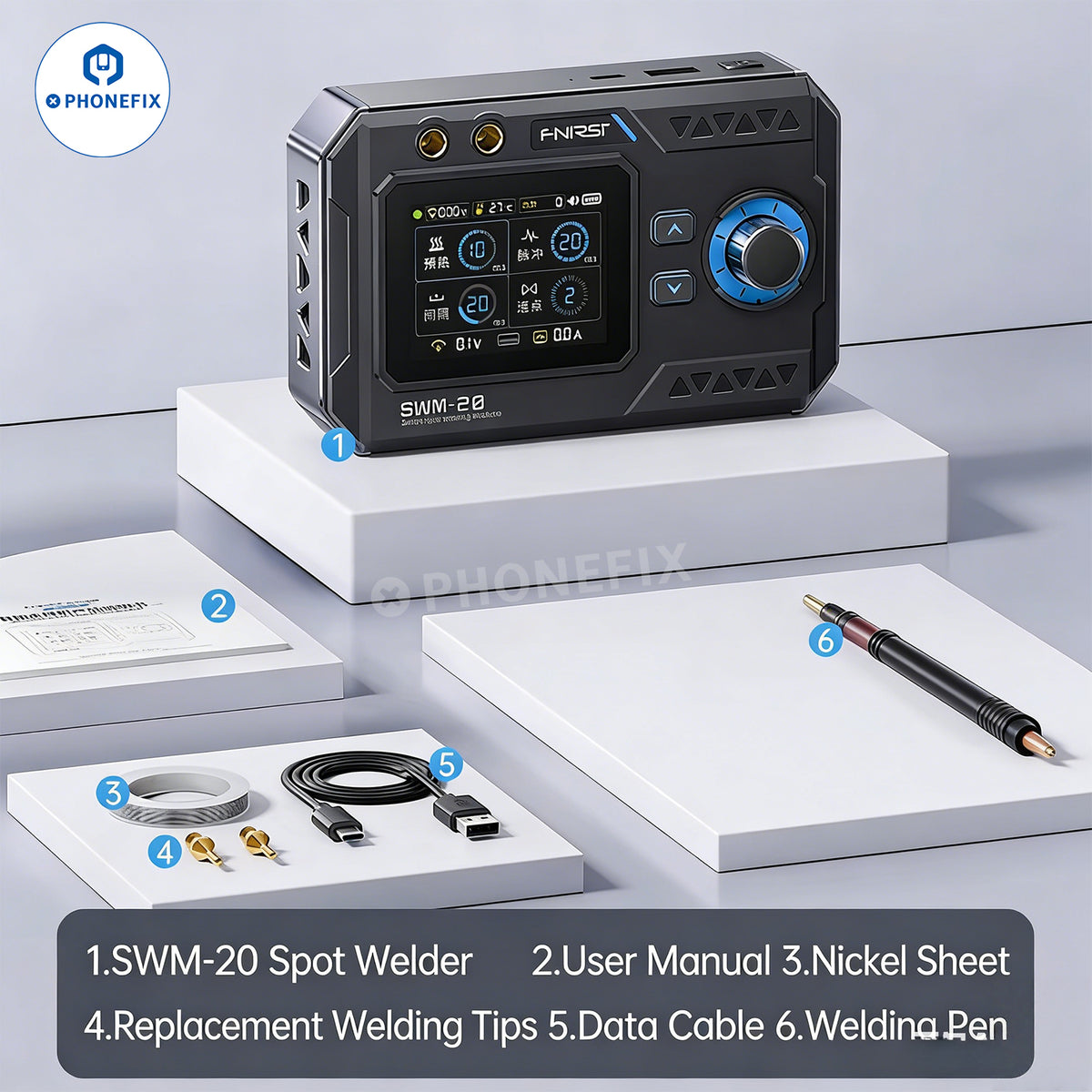 FNIRSI SWM-20 spot welding machine for DIY battery replacement, showcasing compact PCB soldering tool from PHONEFIX.