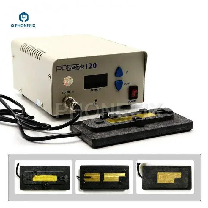 PHONEFIX PPD120 Desoldering Rework Station for CPU and IC chips on PCB, with heating platform for precise soldering and desoldering.