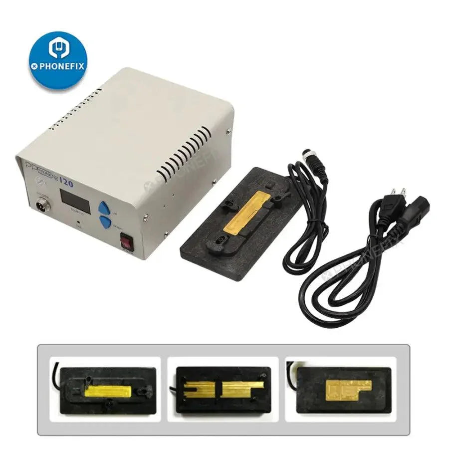 PHONEFIX PPD120 Desoldering Rework Station with CPU IC chips heating platform for PCB soldering and rework tasks.