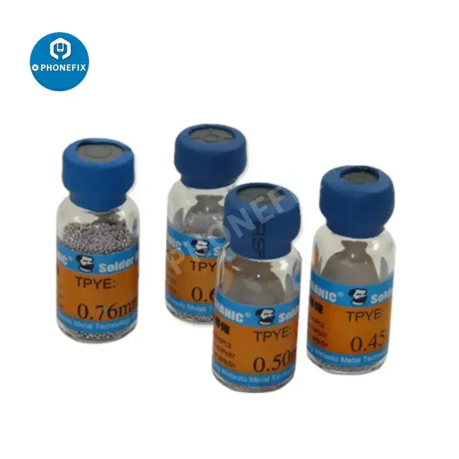 Lead-free soldering tin balls for PCB repair, by PHONEFIX, used for soldering and repairing motherboards in electronics.