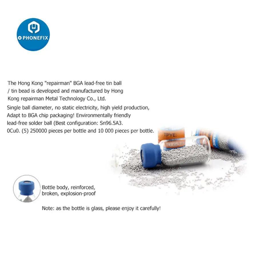 Lead-free soldering tin balls for PCB repair, part of PHONEFIX mechanic XZ10 lead-free soldering tools for motherboard repair.