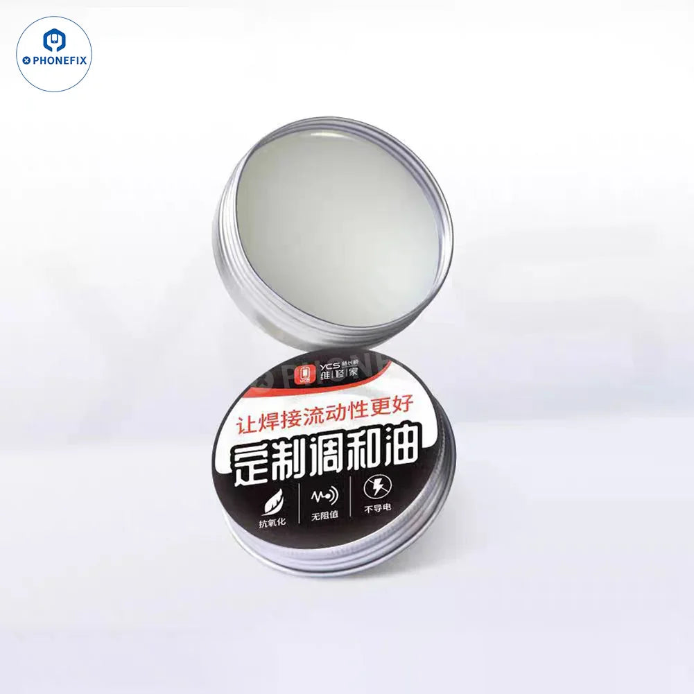Phonefix YCS customized flux oil for phone PCB soldering and bonding, shown in a small container with a dropper.
