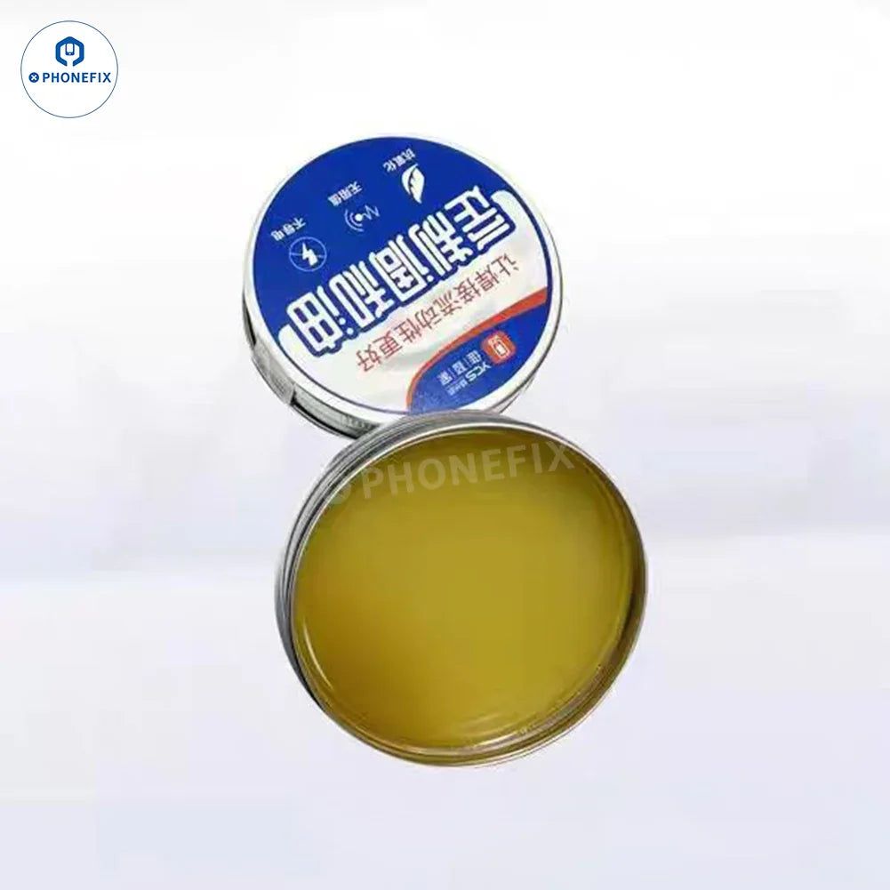 PHONEFIX YCS Customized Flux Oil for phone PCB soldering and bonding, close-up of the liquid flux container with branding.