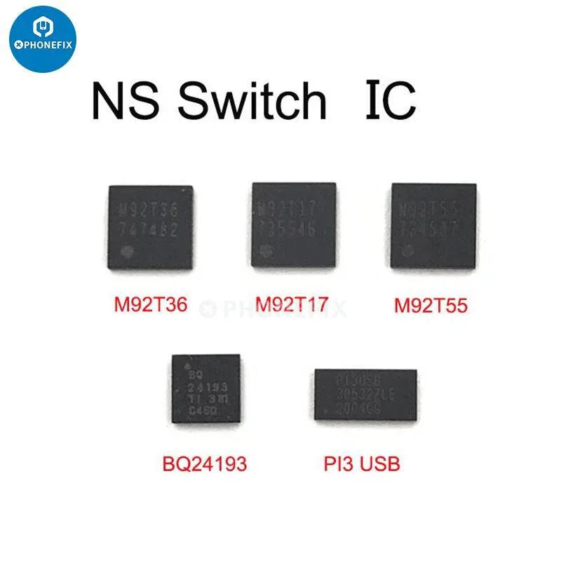 PhoneFix M92T36 BQ24193 P13USB charging and audio IC for Nintendo Switch repair, close-up of the electronic component on circuit board.