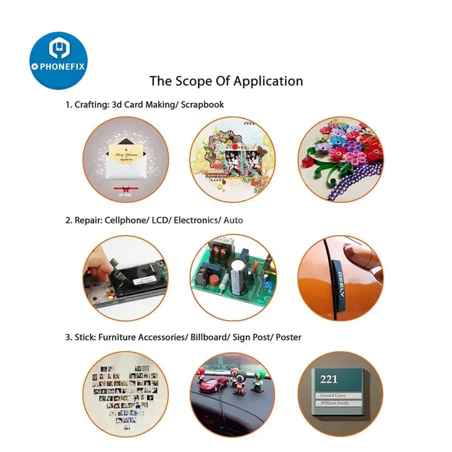 PhoneFix heat-resistant double-sided adhesive tape for phone repair, 5/10mm thick, used for secure phone component adhesion.