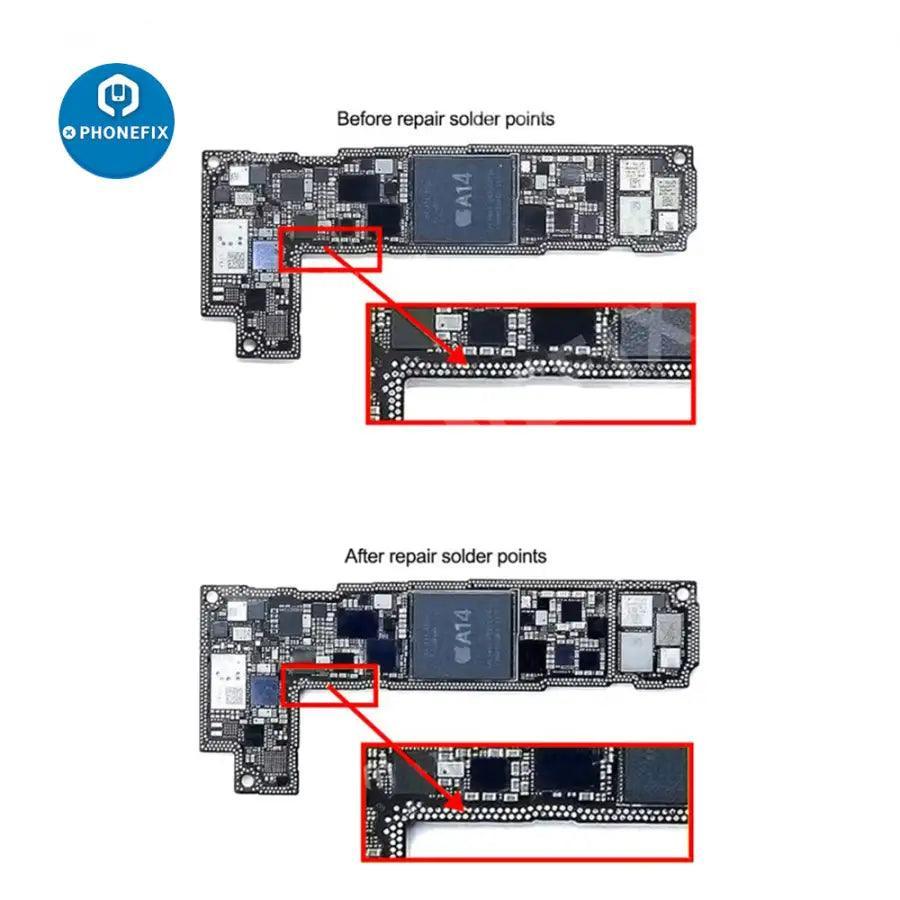 Piezas de terminales de soldadura Relife RL-007GA para reparación de placas de teléfonos, utilizadas para reparar y conectar componentes electrónicos.