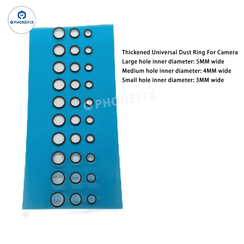 Autocollants anti-poussière PhoneFix pour caméras frontales iPhone et Android, disponibles en tailles 3 mm, 4 mm et 5 mm, utilisés comme consommables pour téléphones.
