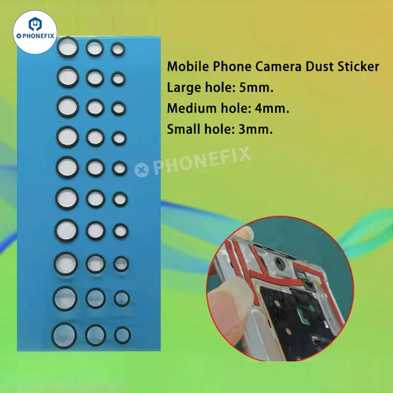 PhoneFix dust stickers for iPhone and Android front cameras, 3mm, 4mm, 5mm sizes, used to protect camera lenses from dust.