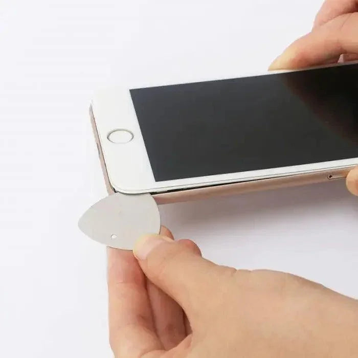 Triangle metal pry opening tool kit for phone disassembly and repair by PHONEFIX, ideal for safely opening mobile devices.