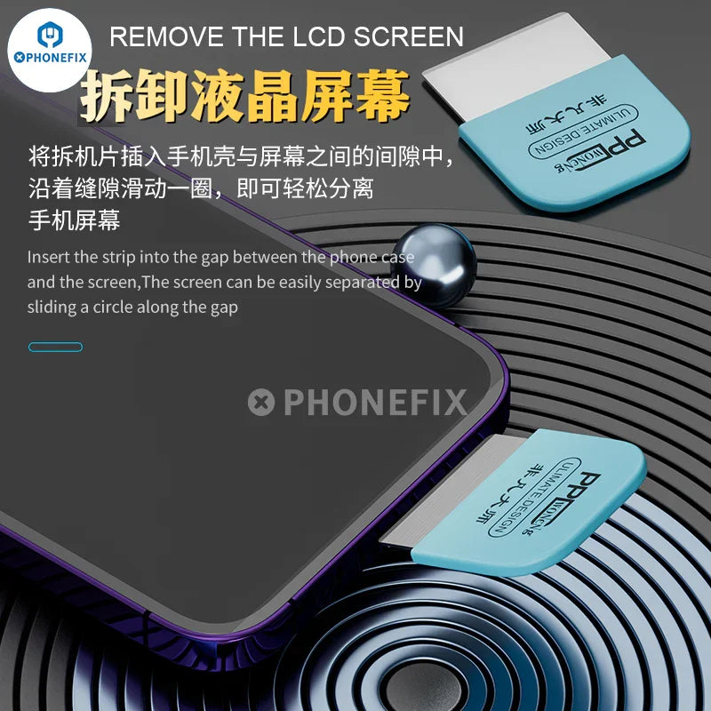 Set of 7 PHONEFIX ultra-thin metal blade phone and tablet opening tools for disassembly and repair.