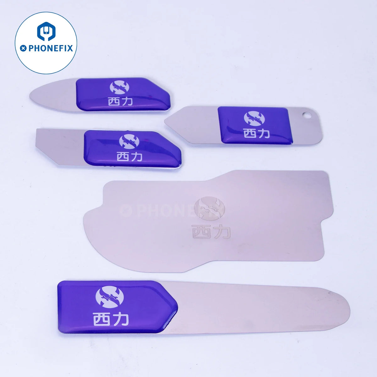 Set of 7 PHONEFIX ultra-thin metal blade phone and tablet opening tools for disassembly and repair.