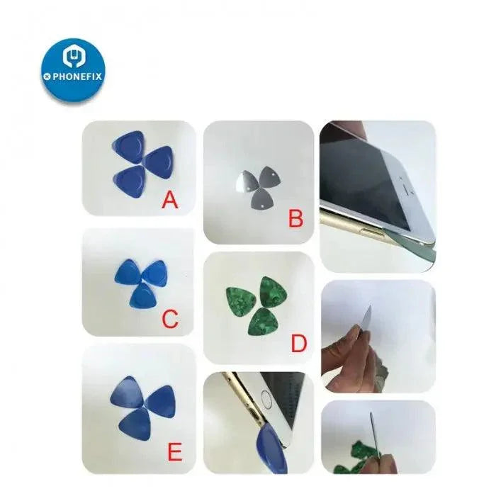 Two plastic triangle guitar pick pry tools for iPhone and iPad repair, made by PHONEFIX, used for opening electronic devices safely.