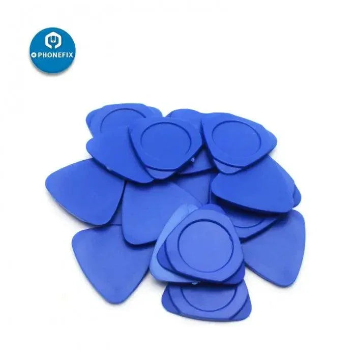 Plastic guitar pick-shaped phone opening tool by PHONEFIX for opening iPhones and iPads, lightweight plastic construction.