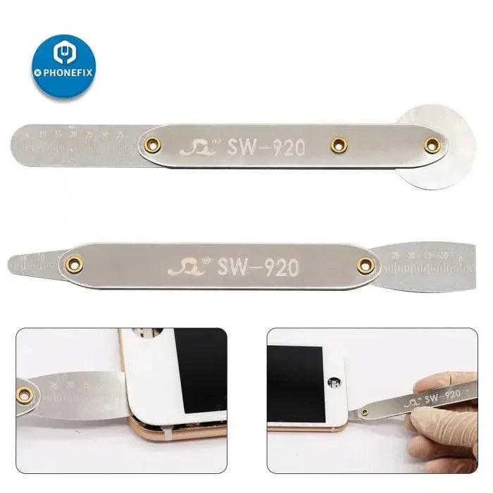 Two stainless steel disassembly roller opening tools by PHONEFIX for phone repair, featuring soft pry blades for safe device opening.