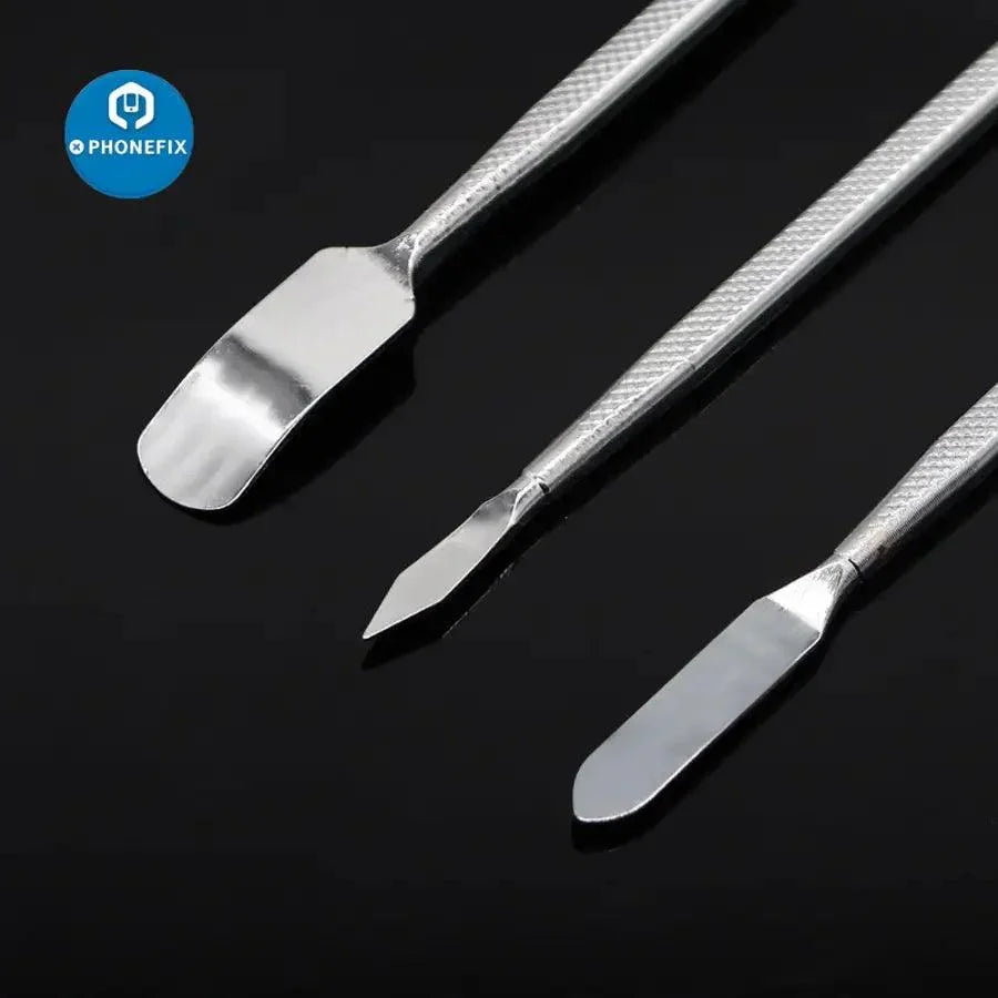 PhoneFix 8-in-1 metal pry and opening tools set for phone and tablet repair, featuring precision tools for device disassembly.