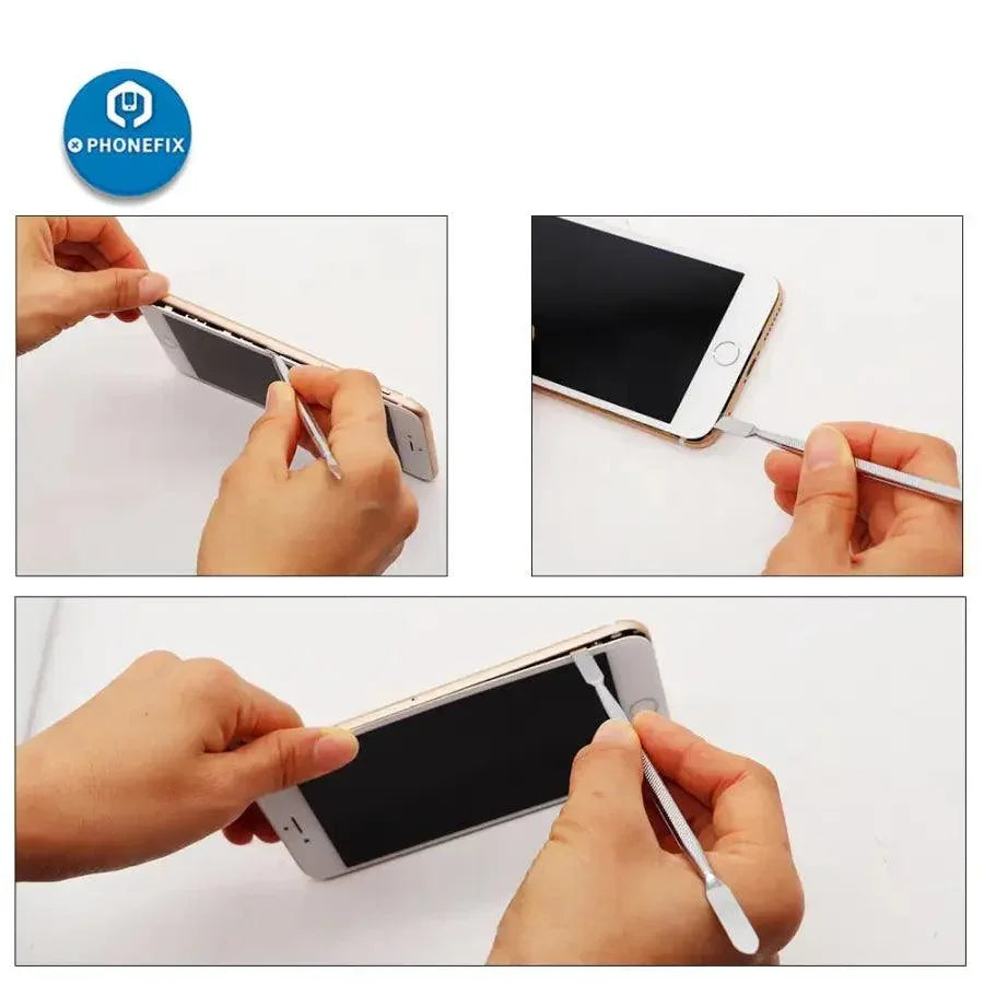 PHONEFIX 8-in-1 metal pry and opening tools set for phone and tablet repair, featuring precision tools for device opening.