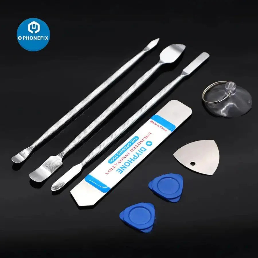 Set of 8 PHONEFIX phone opening tools for screen pry and LCD disassembly, includes various pry tools for phone repair.
