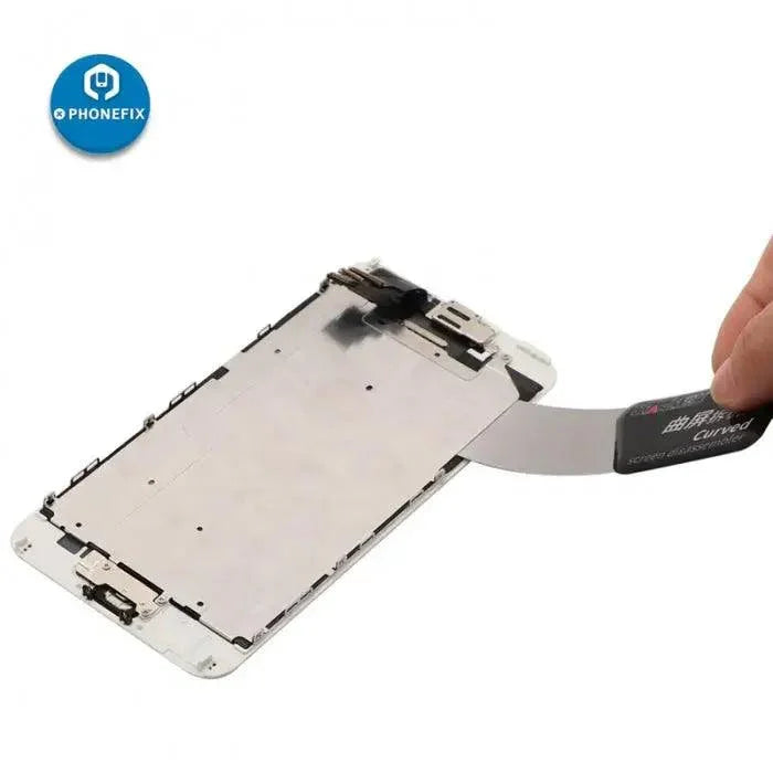 Qianli Toolplus 0.1mm curved LCD screen opening pry spudger tool for phone repairs, by PHONEFIX, used for delicate screen openings.