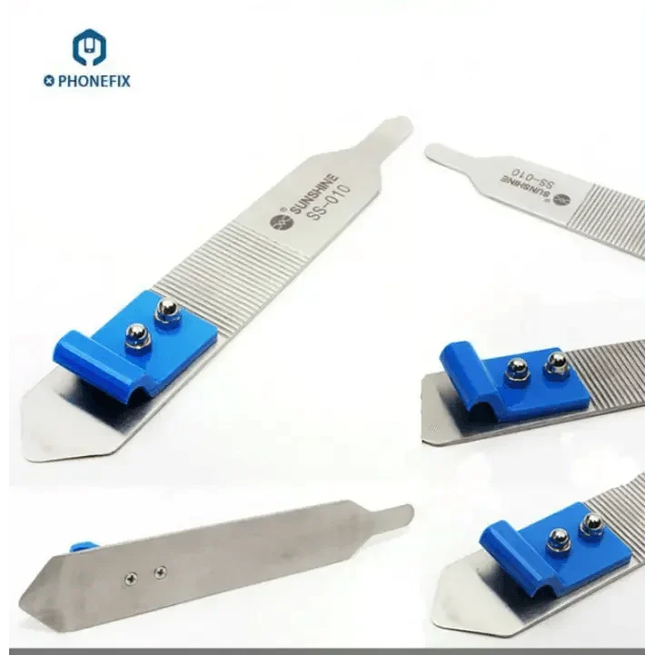 Stainless steel pry spudger for phone screen frame disassembly, PHONEFIX brand, used for opening and repair of mobile devices.