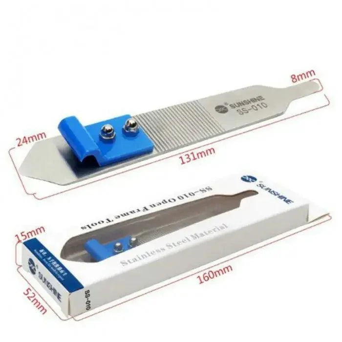 PhoneFIX SS-010 stainless steel pry spudger for phone screen frame disassembly, used as a phone opening tool.
