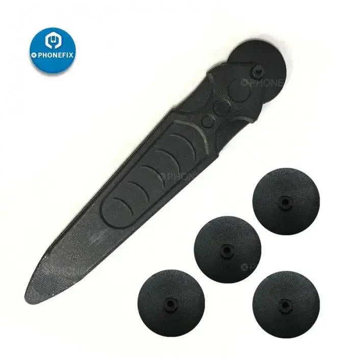 Black carbon fiber roller lever crowbar for phone opening, used as a phone split frame tool by PHONEFIX for device repair.