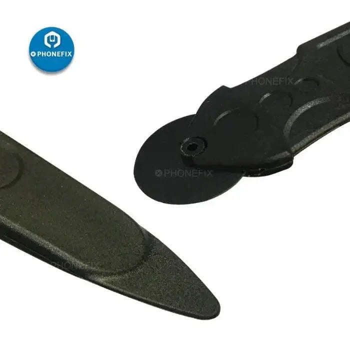 Black carbon fiber roller lever crowbar for phone opening, designed by PHONEFIX to assist with screen and frame removal.