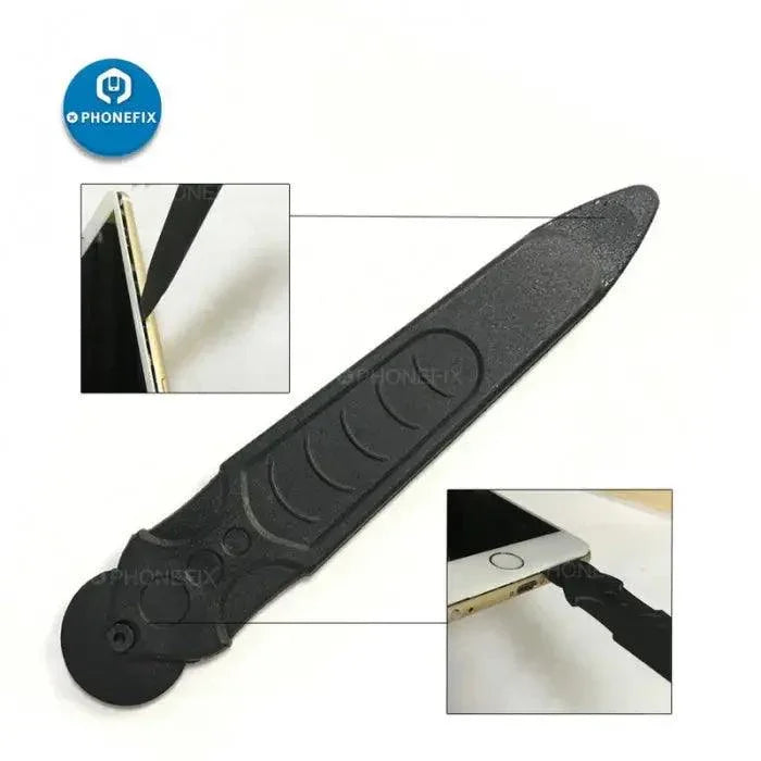 Black carbon fiber roller lever crowbar phone opening tool by PHONEFIX for splitting phone frames and opening devices.