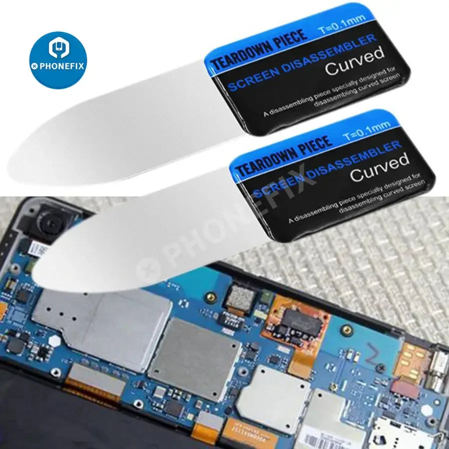 PhoneFIX curved LCD screen opening metal pry tool for phone disassembly and repair, designed for safe screen removal.