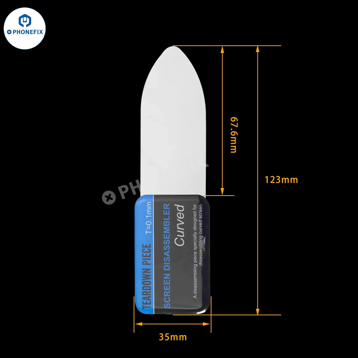 PhoneFIX curved LCD screen opening metal pry tool for phone disassembly and repair, designed for safe screen removal.