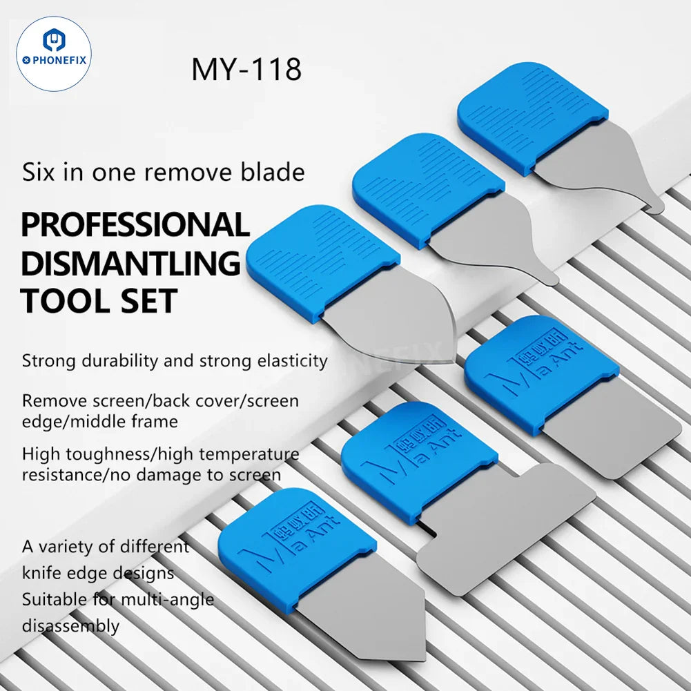 PHONEFIX MaAnt MY-118 6-in-1 pry blade phone disassembly tool set with multiple opening tools for smartphone repair.