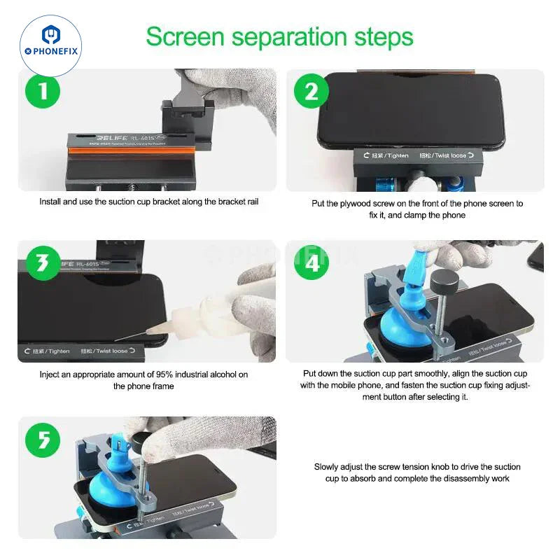PhoneFIX LCD screen dismantling tool with powerful suction cup for opening phones and tablets, in various colors.