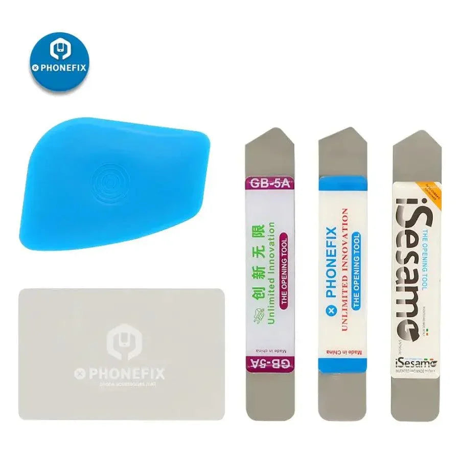 Set of five plastic card pry tools for phone screen opening and repair by PHONEFIX, ideal for gentle and precise device disassembly.