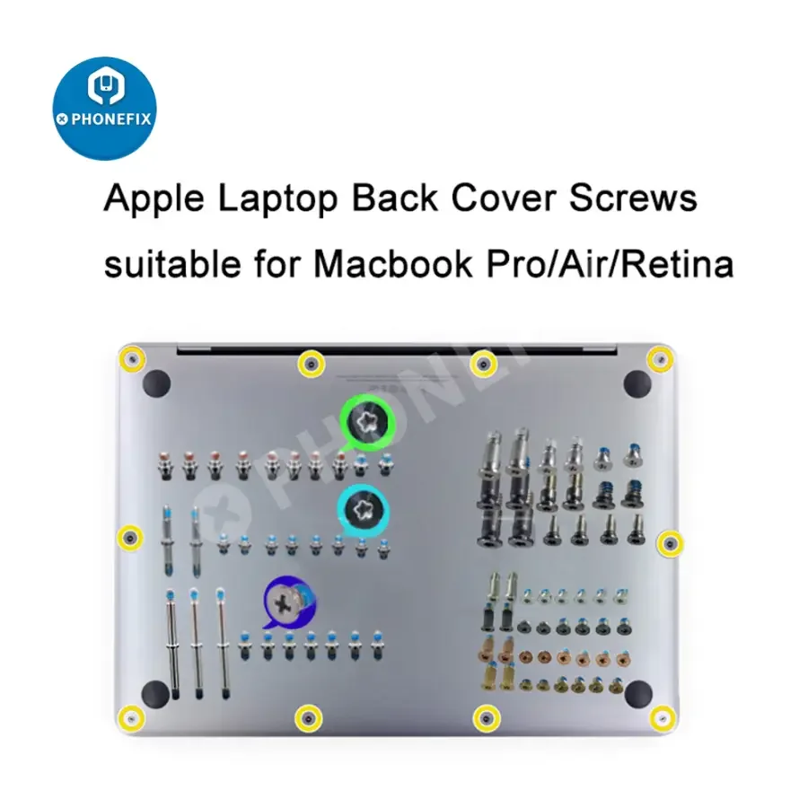 Set of Apple MacBook Pro and Air Retina laptop back cover screws by PHONEFIX, designed for secure attachment and easy replacement.