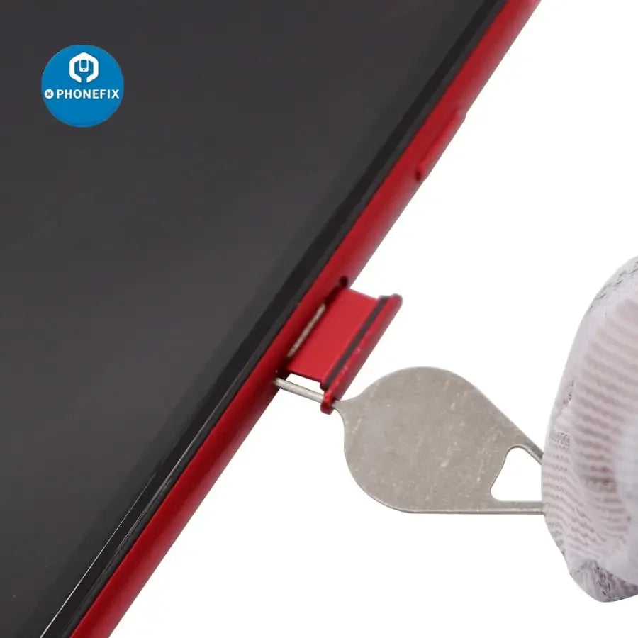 PhoneFix SIM card pin ejector tool for iPhone, metal needle key opener for removing SIM cards from smartphones.